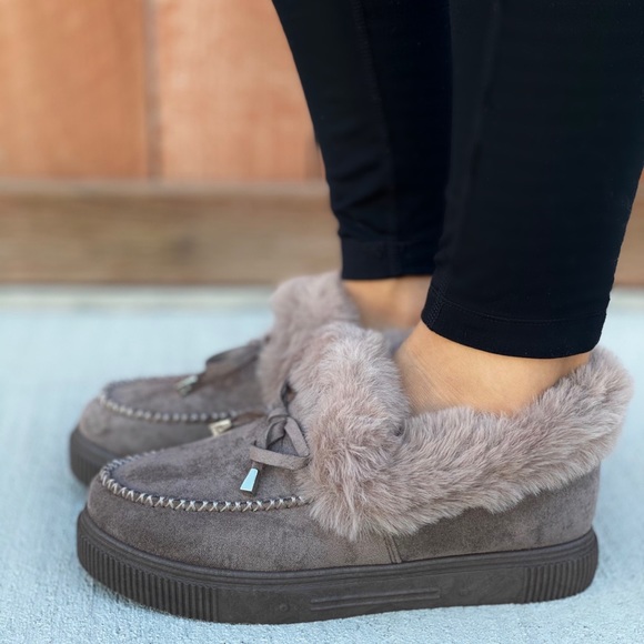 Taupe Fuzzy Slip-on Moccasin Slippers - Picture 2 of 11